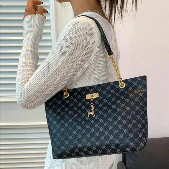 Handbags - ⚠️Clearance Black Patterned Large Shoulder Tote Bag Gold Pendant